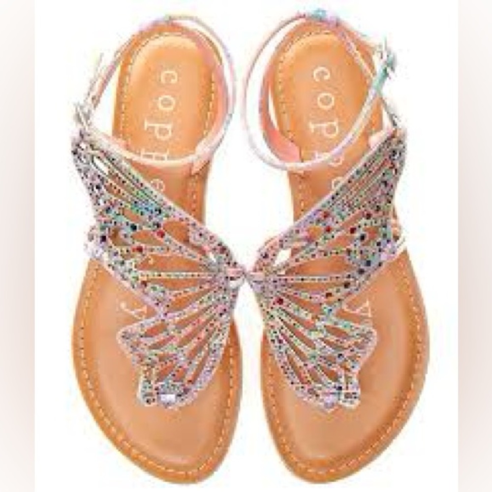 Copper Key
Flutter Rainbow Rhinestone Embellished Butterfly Sandals